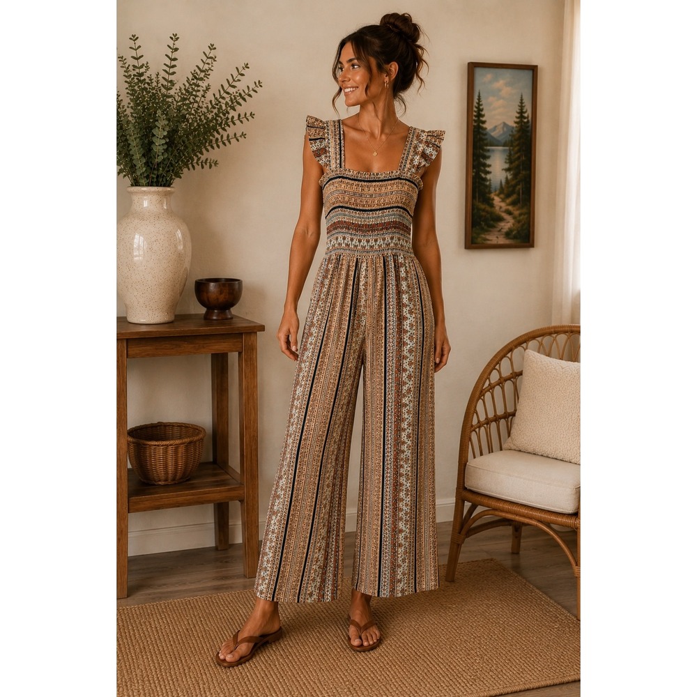 Boho Smocked Wide Leg Jumpsuit Ruffle Sleeve Festival Cottagecore Resortwear S